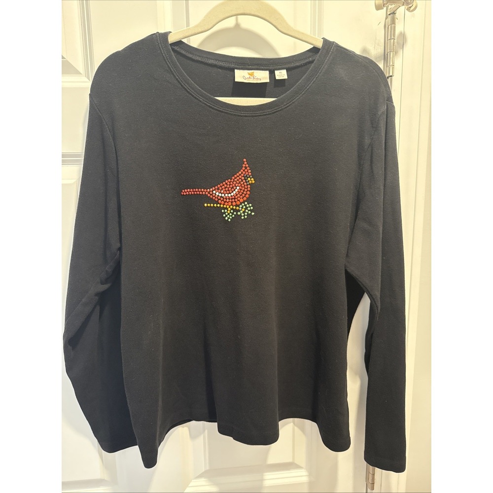 Quacker Factory Womens Long Sleeve T Shirt XL Black  Cardinal Jeweled Rhinestone